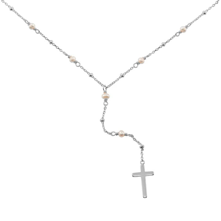 <p>Pearl Y Chain Cross Necklace (+Colors)</p>