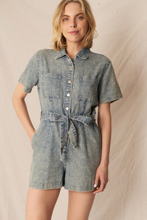 <p>Bramty Denim Romper with Belt</p>