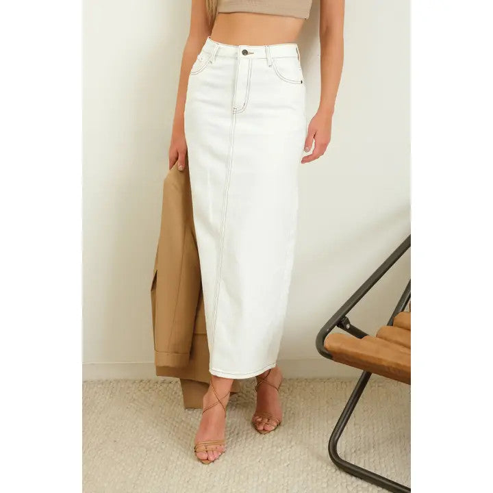 <p>White Denim Maxi Skirt</p>
