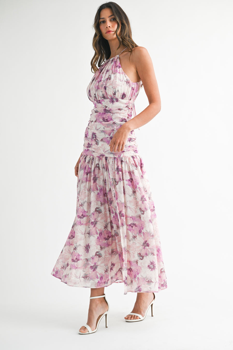 <p>Floral Print Ruched Halter Neckline Midi Dress</p>