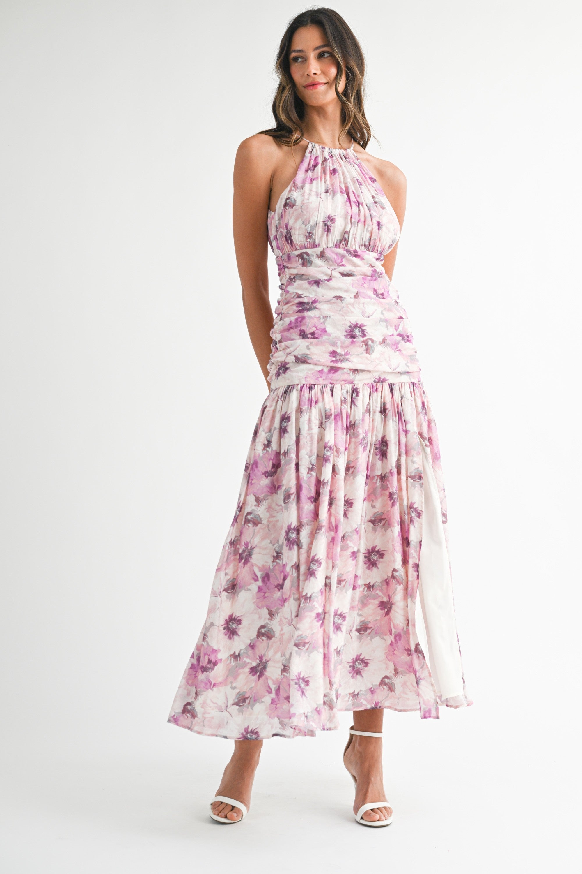 <p>Floral Print Ruched Halter Neckline Midi Dress</p>