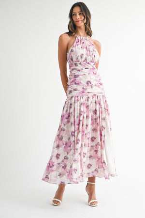 <p>Floral Print Ruched Halter Neckline Midi Dress</p>