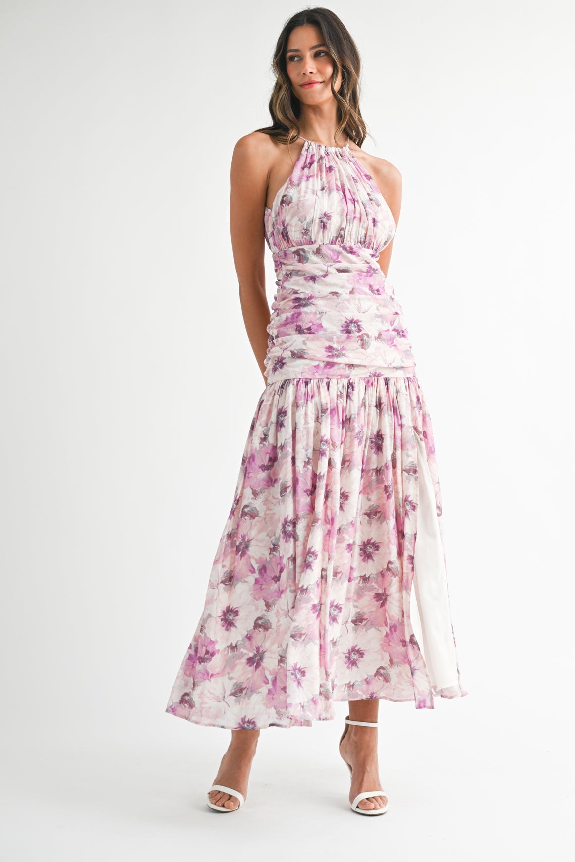 <p>Floral Print Ruched Halter Neckline Midi Dress</p>