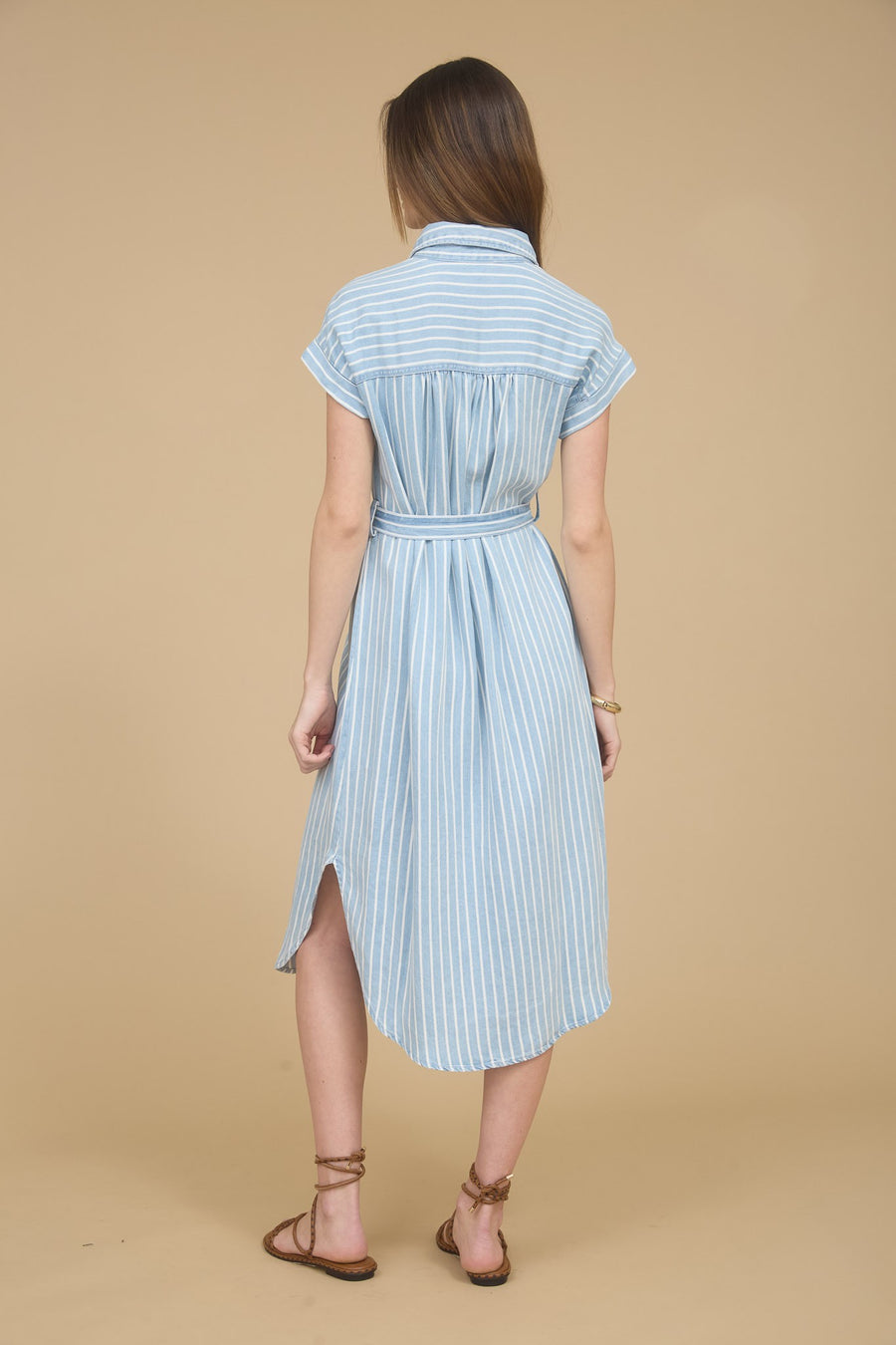 <p>Stripe Chambray Tie Belt Midi Dress</p>
