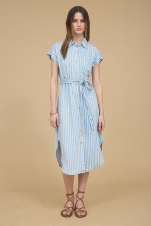 <p>Stripe Chambray Tie Belt Midi Dress</p>