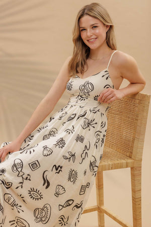 <p>Doodle Print Shirred Waist Midi Dress</p>