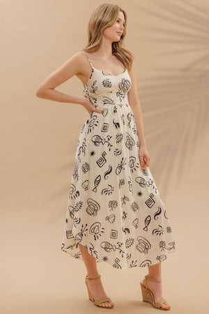 <p>Doodle Print Shirred Waist Midi Dress</p>