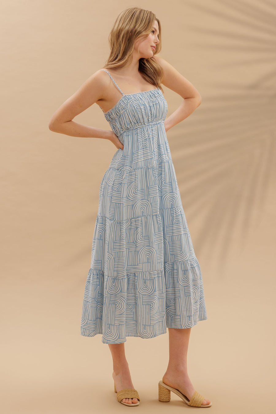 <p>Abstract Print Empire Waist Tiered Midi Dress</p>