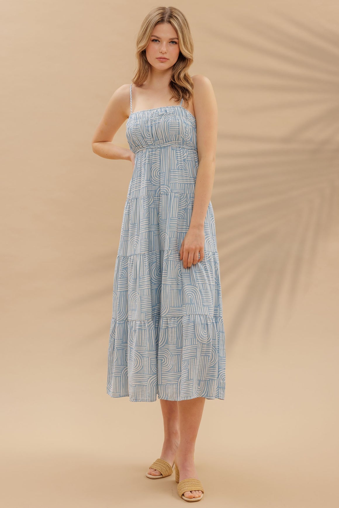 <p>Abstract Print Empire Waist Tiered Midi Dress</p>