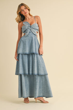 <p>Petal Crush Denim Tiered Ruffled Maxi&nbsp;</p>