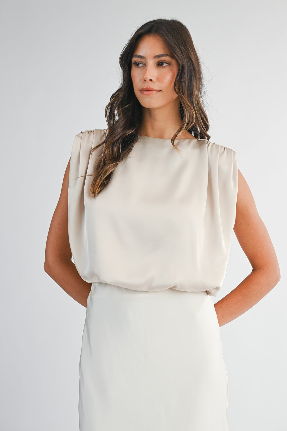<p>Satin Draped Shoulder Crop Top</p> - Indigo Republic Boutique