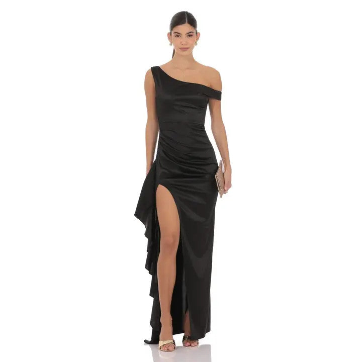 <p>Satin Off Shoulder Maxi Dress</p>