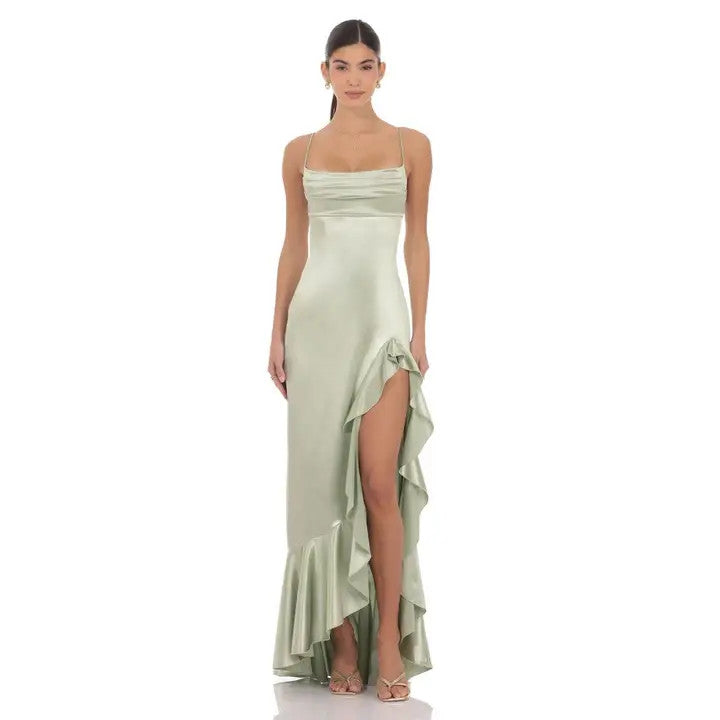 <p>Lucy Ruffle Satin Maxi</p>