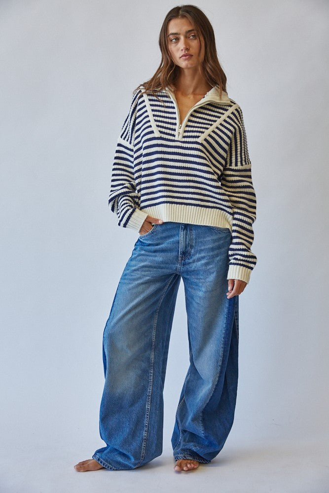 <p>Chic Coastal Half-Zip Striped Sweater</p>