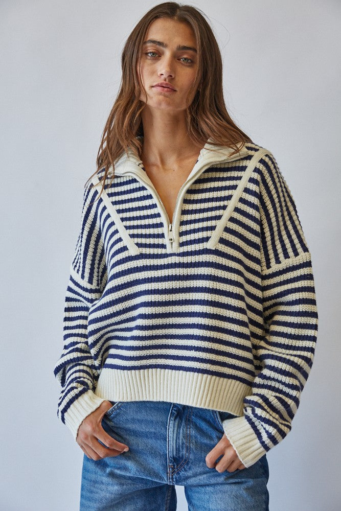 <p>Chic Coastal Half-Zip Striped Sweater</p>