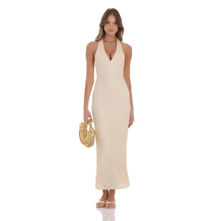 <p>Crinkle Shimmer V-Neck Maxi Dress</p>