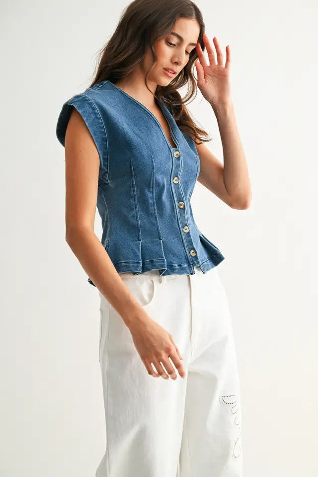 <p>Denim Sleeveless Peplum Top</p>