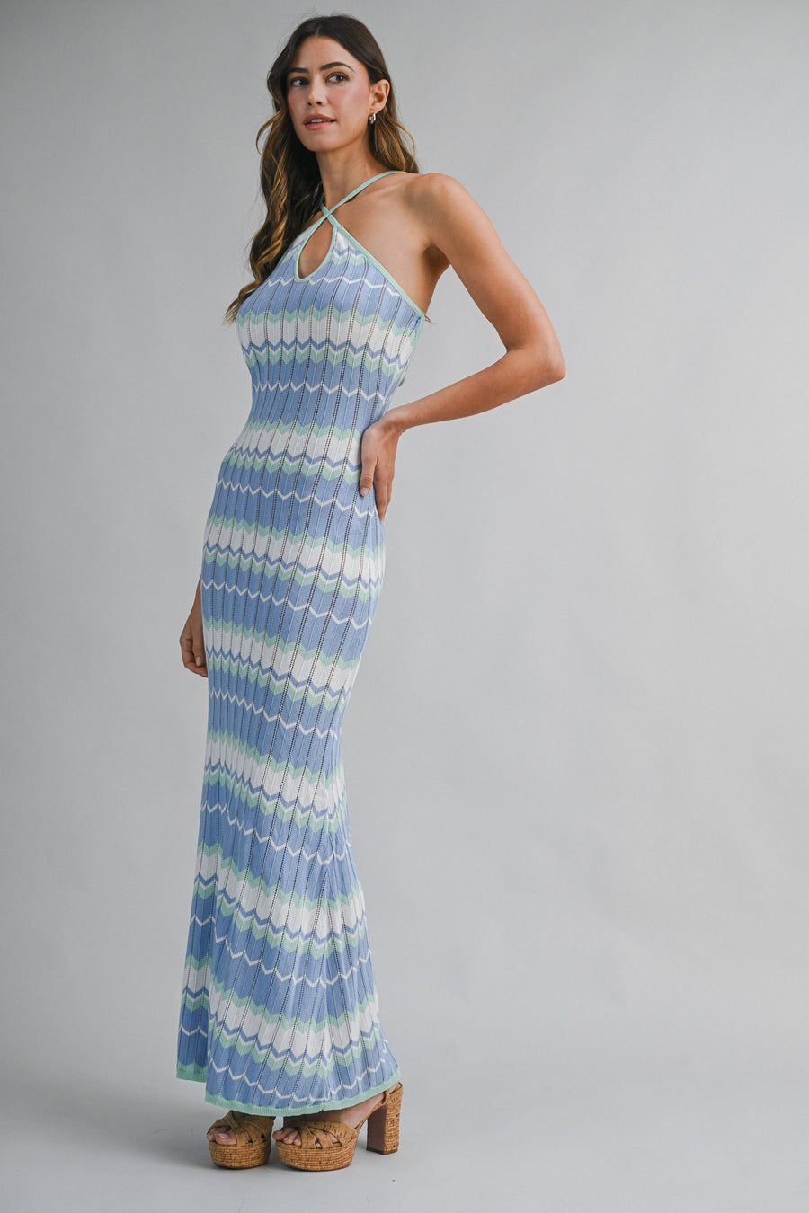 <p>Chevron Halter Neck Knit Maxi Dress</p>