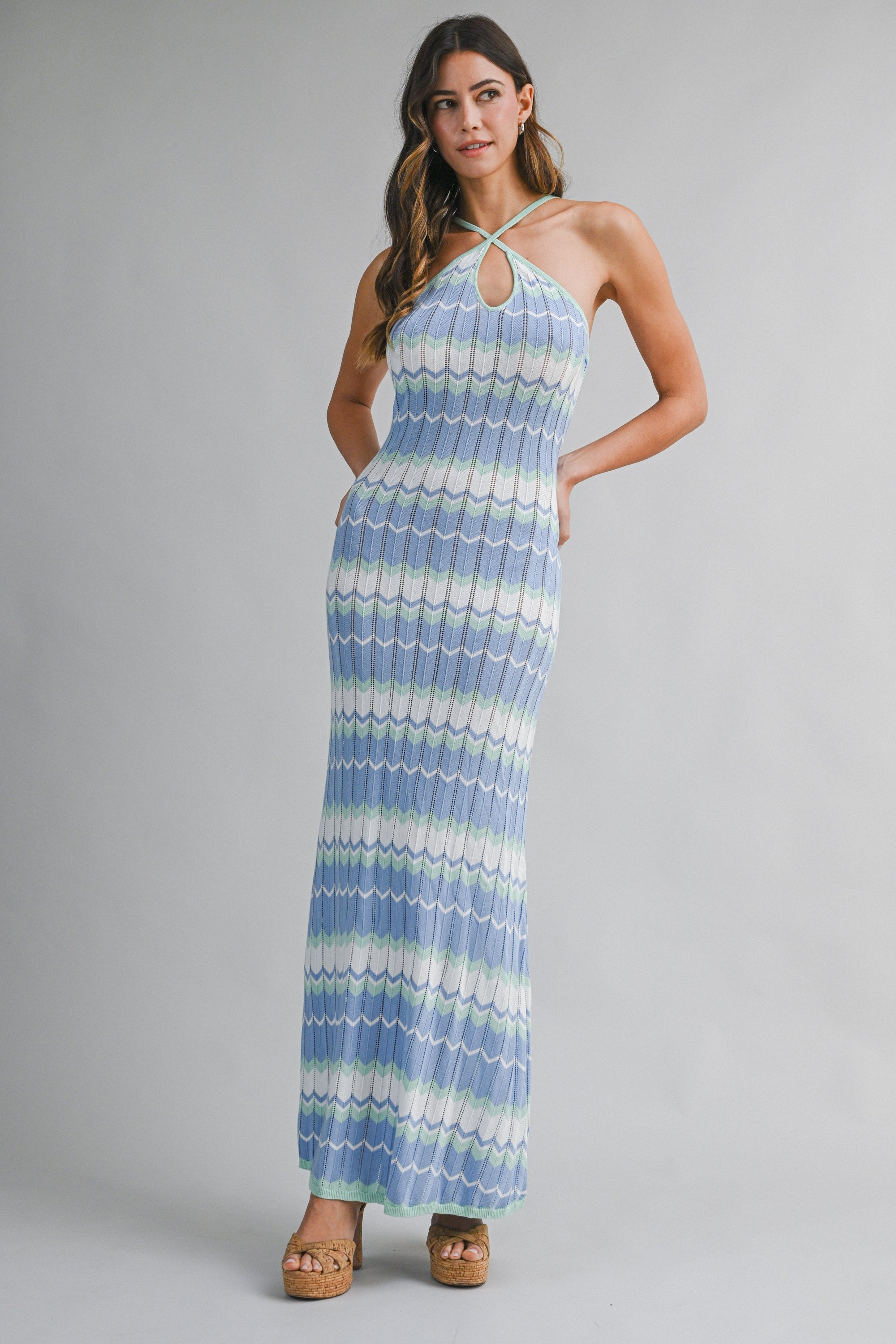 <p>Chevron Halter Neck Knit Maxi Dress</p>