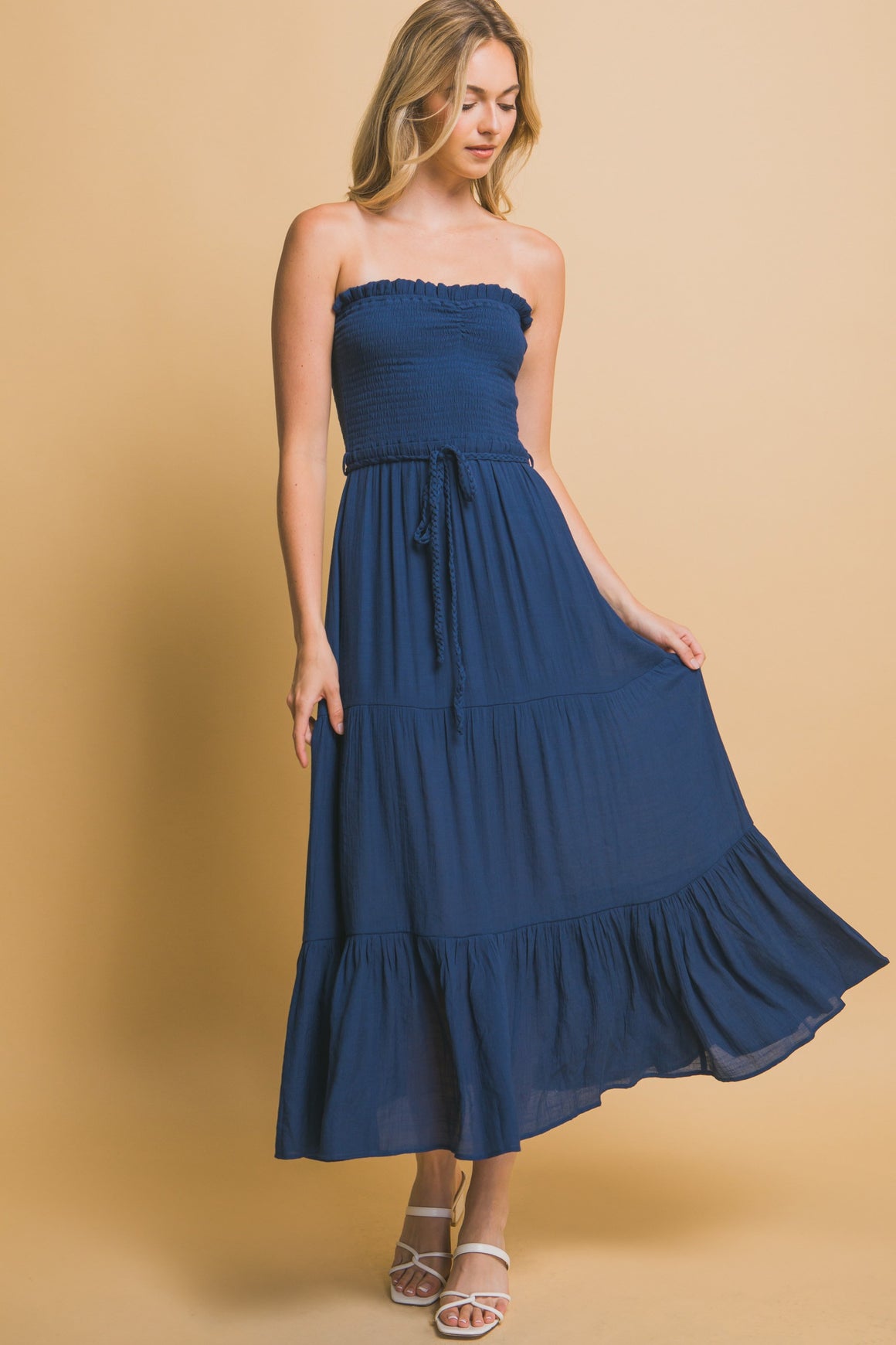 <p>Smocked Strapless Maxi Dress</p>