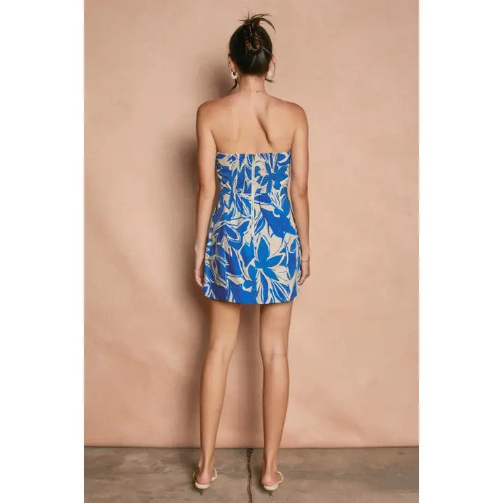 <p>Floral Cotton Poplin Strapeless Mini Dress</p>