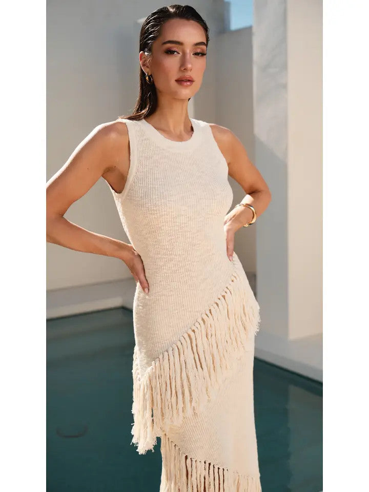 <p>Asymmetric Fringe Midi Dress</p>