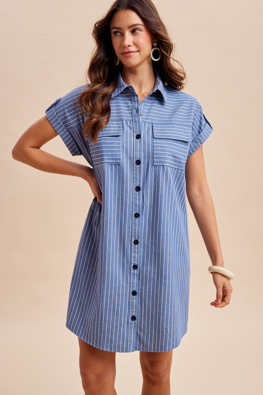 <p>Striped Chambray Mini Shirt Dress</p>