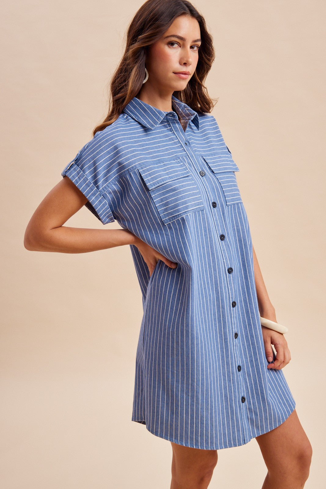 <p>Striped Chambray Mini Shirt Dress</p>