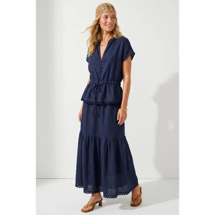 <p>Scallop Hem Drawstring Linen Blouse&nbsp;</p>