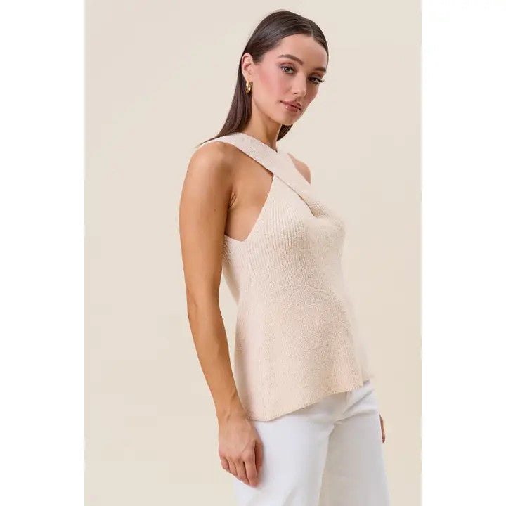 <p>Cross-Front Halter Knit Tank&nbsp;</p>