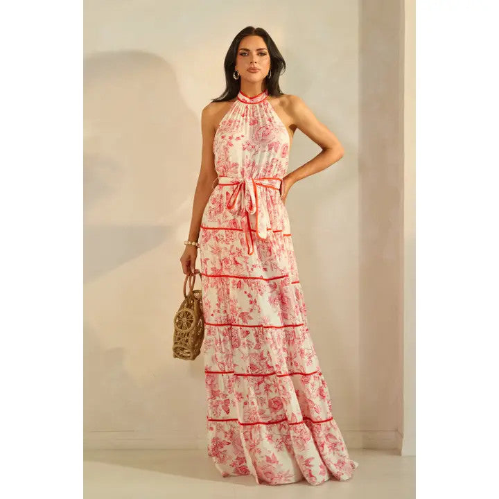 tiered halter dress Sage Floral Print - Maxi Dress - Dress Dresses Length Halter Neck Tiered Maxi Dress