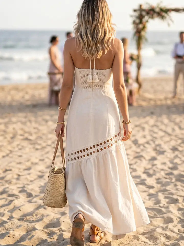 Lace Trim Halter Maxi Dress Ecru / S