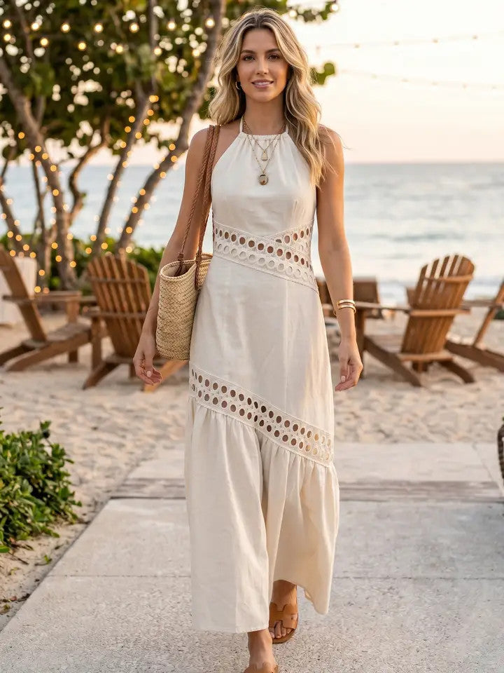 Lace Trim Halter Maxi Dress Ecru / S