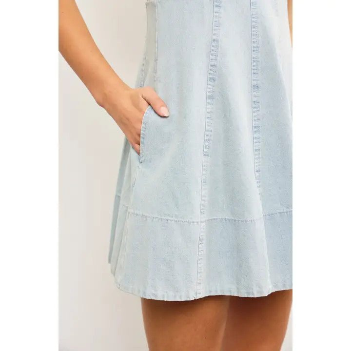 <p>Braided Bust Detail Tied Back Sleeveless Denim Dress</p> - Indigo Republic Boutique