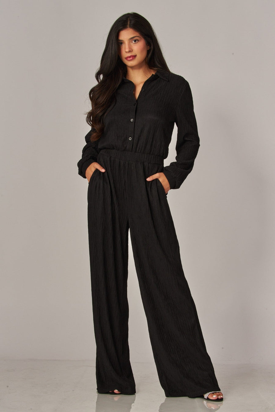 <p>Crinkle Plisse Button Jumpsuit</p> - Indigo Republic Boutique