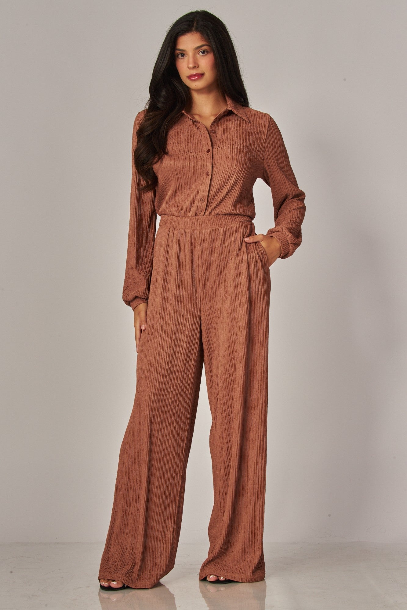 <p>Crinkle Plisse Button Jumpsuit</p> - Indigo Republic Boutique