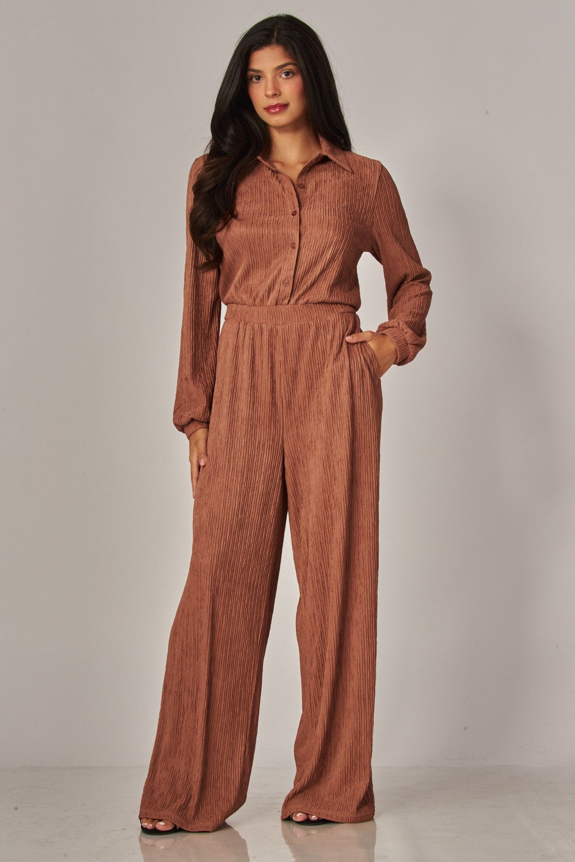 <p>Crinkle Plisse Button Jumpsuit</p> - Indigo Republic Boutique