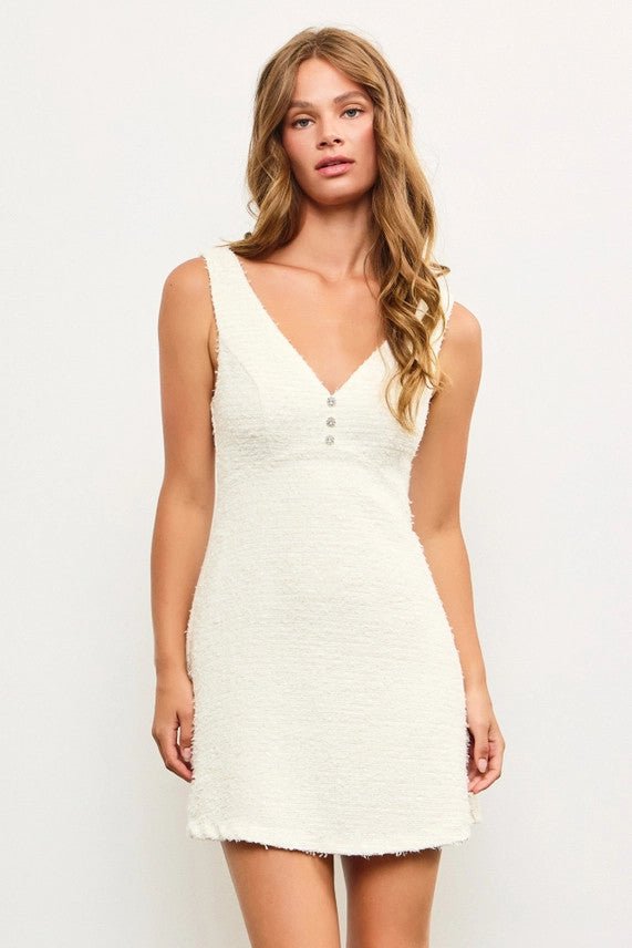 <p>Deep V - Neck Tweed Sleeveless Dress</p> - Indigo Republic Boutique