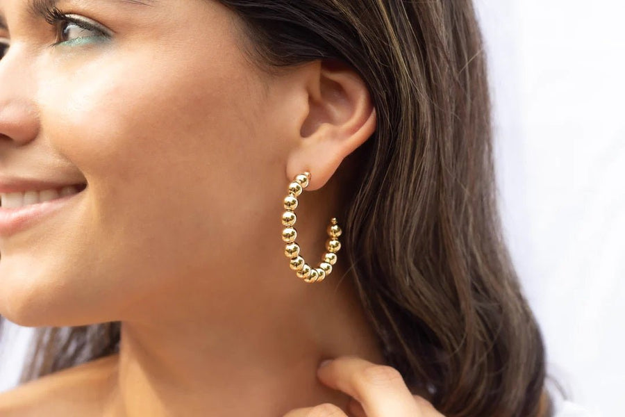 <p>Gold Filled Bead Hoop Earrings Large</p> - Indigo Republic Boutique