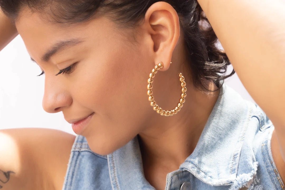 <p>Gold Filled Bead Hoop Earrings X - Large</p> - Indigo Republic Boutique