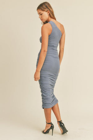 <p>Jinely One Shoulder Shirring Midi Dress</p> - Indigo Republic Boutique
