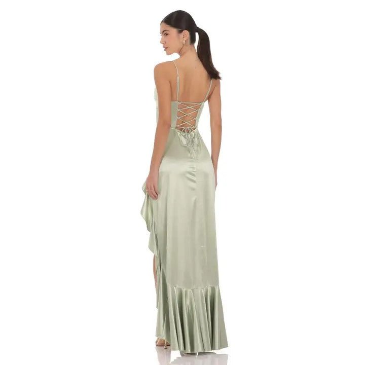<p>Lucy Ruffle Satin Maxi</p> - Indigo Republic Boutique
