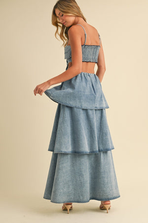 <p>Petal Crush Denim Tiered Ruffled Maxi&nbsp;</p> - Indigo Republic Boutique