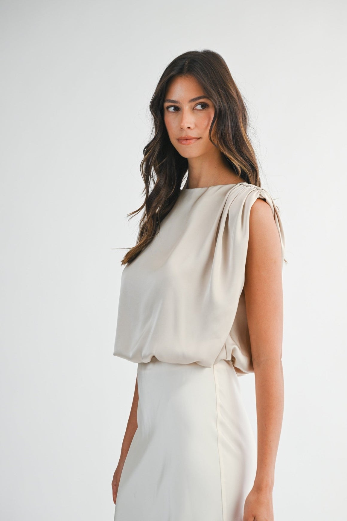 <p>Satin Draped Shoulder Crop Top</p> - Indigo Republic Boutique