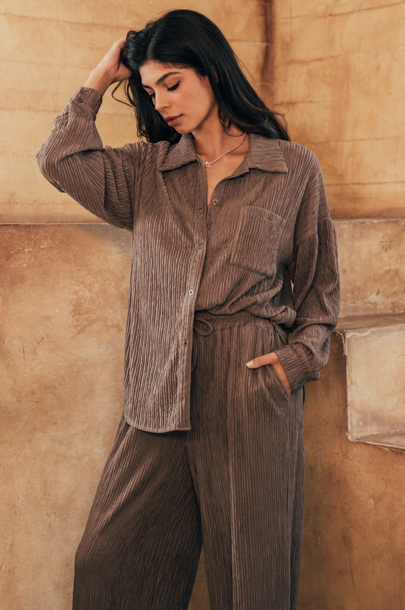 Yumi Crinkle Button Shirt Pant Set - Indigo Republic Boutique Yumi Crinkle Button Shirt Pant Set - Indigo Republic Boutique