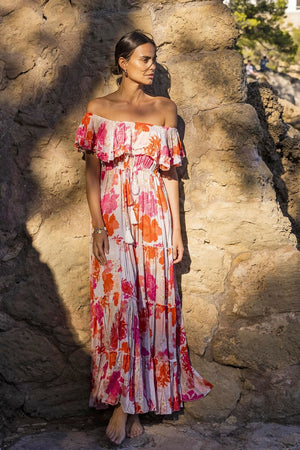 <p>Shama Floral Printed Off Shoulder Dress</p>