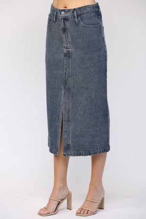 <p>Washed Denim Midi Skirt</p>